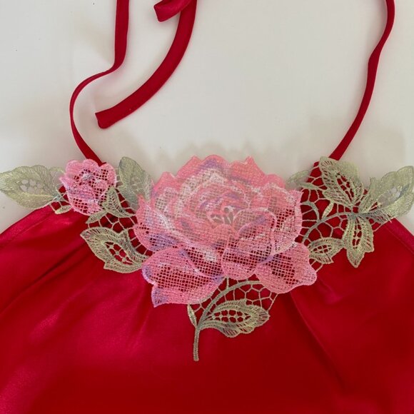 ( New WT ) Lingerie Silk Floral Halter Top Knot buttons Jewel Red - Size XS - Picture 6 of 12
